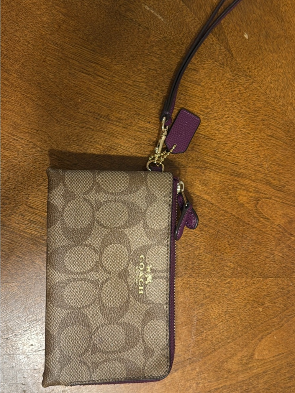 Coach Signature Canvas Wristlet with Purple Trim